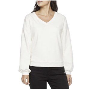 Liz Claiborne Womens V-Neck Sweatshirt Size Large Top Fleece Pullover Cream NWT